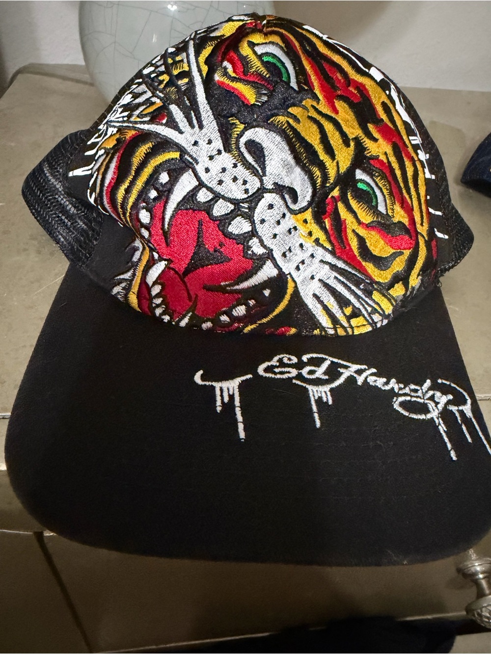 Ed Hardy Black Cap with Multicolor Embroidered Tiger